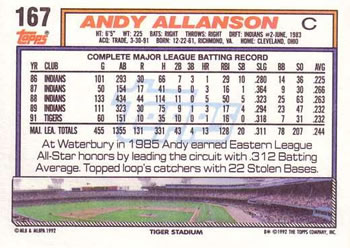 1992 Topps #167 Andy Allanson Back