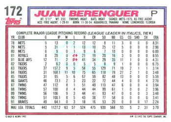 1992 Topps #172 Juan Berenguer Back