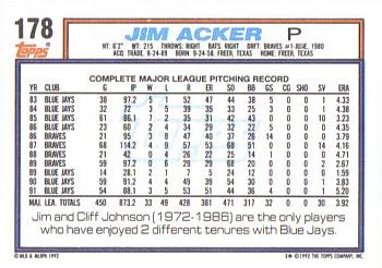 1992 Topps #178 Jim Acker Back