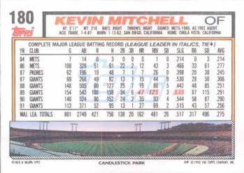 1992 Topps #180 Kevin Mitchell Back