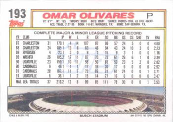 1992 Topps #193 Omar Olivares Back
