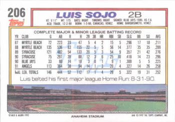 1992 Topps #206 Luis Sojo Back