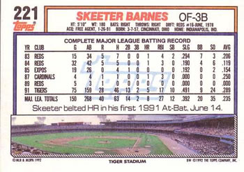 1992 Topps #221 Skeeter Barnes Back