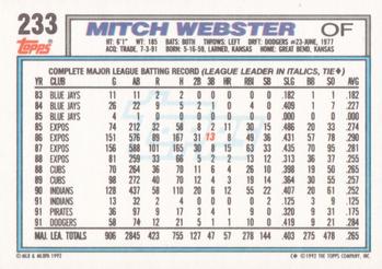 1992 Topps #233 Mitch Webster Back