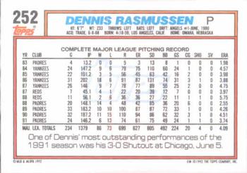 1992 Topps #252 Dennis Rasmussen Back