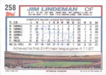 1992 Topps #258 Jim Lindeman Back