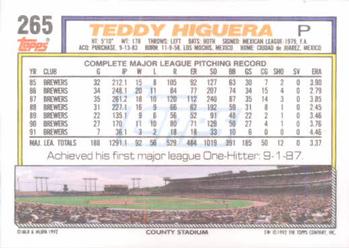 1992 Topps #265 Teddy Higuera Back