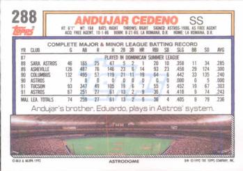 1992 Topps #288 Andujar Cedeno Back