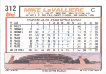 1992 Topps #312 Mike LaValliere Back