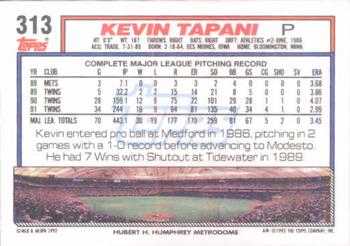 1992 Topps #313 Kevin Tapani Back
