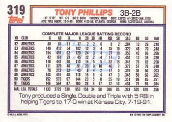 1992 Topps #319 Tony Phillips Back
