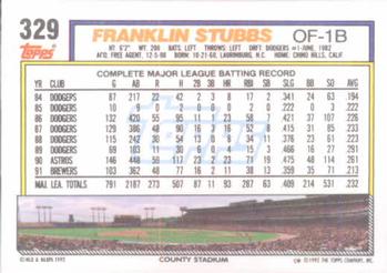 1992 Topps #329 Franklin Stubbs Back