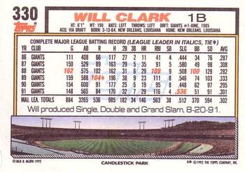 1992 Topps #330 Will Clark Back