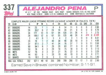1992 Topps #337 Alejandro Pena Back