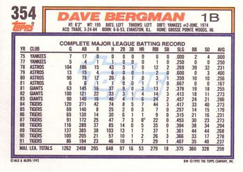 1992 Topps #354 Dave Bergman Back