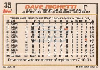 1992 Topps #35 Dave Righetti Back
