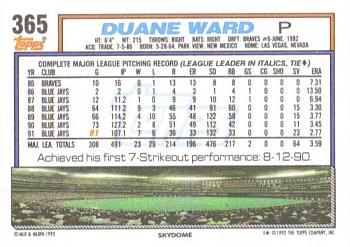 1992 Topps #365 Duane Ward Back