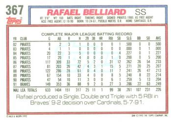 1992 Topps #367 Rafael Belliard Back