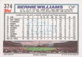 1992 Topps #374 Bernie Williams Back
