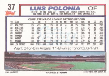 1992 Topps #37 Luis Polonia Back