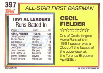 1992 Topps #397 Cecil Fielder Back