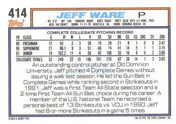1992 Topps #414 Jeff Ware Back