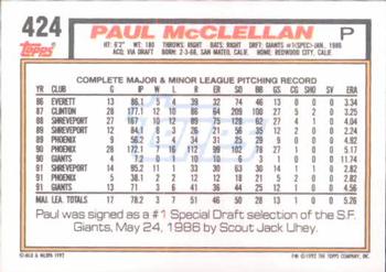 1992 Topps #424 Paul McClellan Back