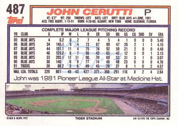 1992 Topps #487 John Cerutti Back