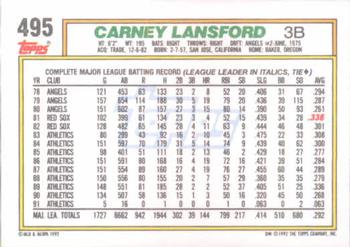 1992 Topps #495 Carney Lansford Back