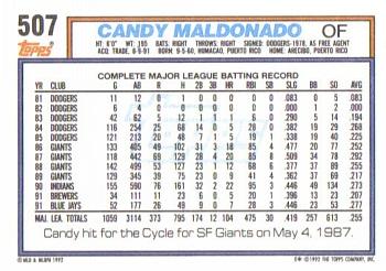1992 Topps #507 Candy Maldonado Back