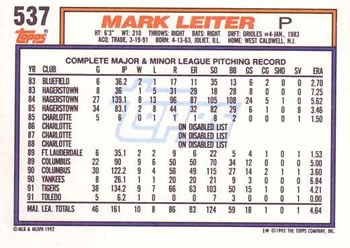1992 Topps #537 Mark Leiter Back