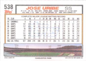 1992 Topps #538 Jose Uribe Back