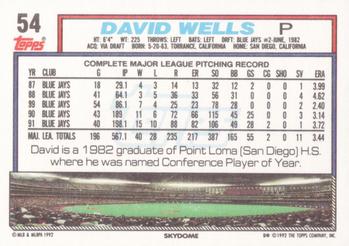 1992 Topps #54 David Wells Back