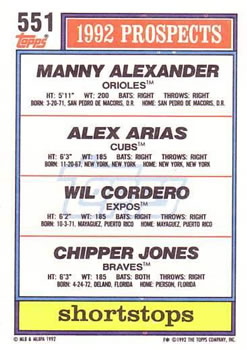 1992 Topps #551 1992 Top Prospects Shortstops (Manny Alexander / Alex Arias / Wil Cordero / Chipper Jones) Back