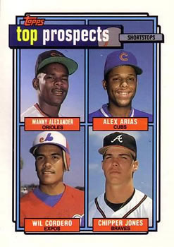 1992 Topps #551 1992 Top Prospects Shortstops (Manny Alexander / Alex Arias / Wil Cordero / Chipper Jones) Front