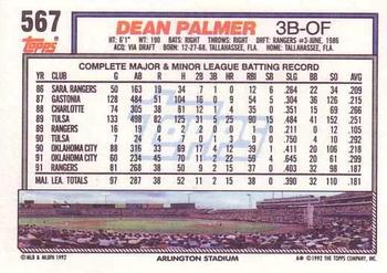 1992 Topps #567 Dean Palmer Back