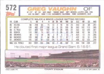 1992 Topps #572 Greg Vaughn Back