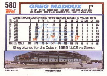 1992 Topps #580 Greg Maddux Back