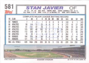1992 Topps #581 Stan Javier Back
