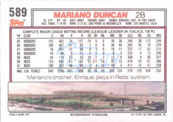 1992 Topps #589 Mariano Duncan Back