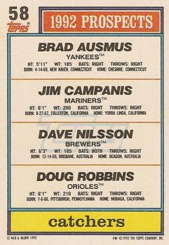 1992 Topps #58 1992 Top Prospects Catchers (Brad Ausmus / Jim Campanis / Dave Nilsson / Doug Robbins) Back