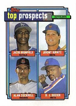1992 Topps #591 1992 Top Prospects Outfielders (Jacob Brumfield / Jeromy Burnitz / Alan Cockrell / D.J. Dozier) Front