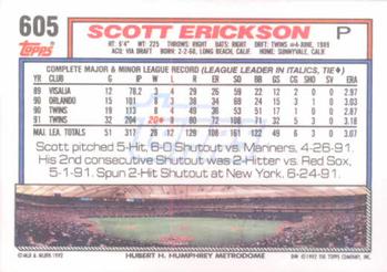 1992 Topps #605 Scott Erickson Back