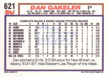 1992 Topps #621 Dan Gakeler Back