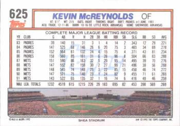 1992 Topps #625 Kevin McReynolds Back
