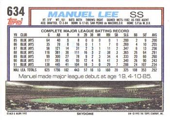 1992 Topps #634 Manuel Lee Back