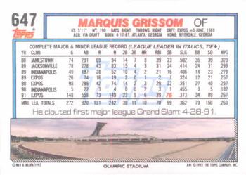 1992 Topps #647 Marquis Grissom Back