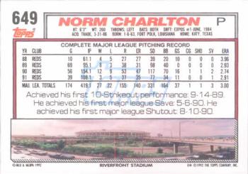 1992 Topps #649 Norm Charlton Back