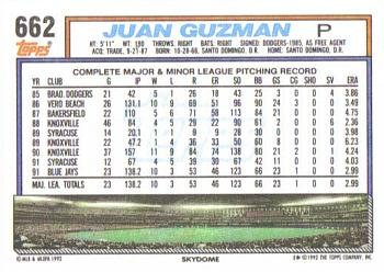 1992 Topps #662 Juan Guzman Back