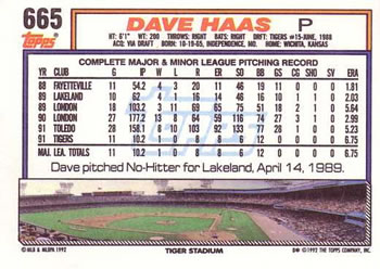 1992 Topps #665 Dave Haas Back